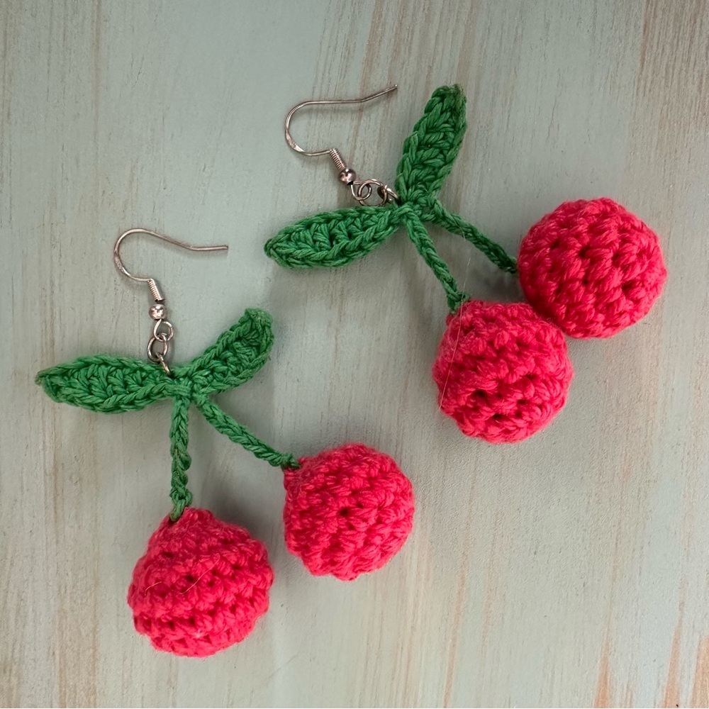Handmade Crochet Cherry Earrings 🍒🍒